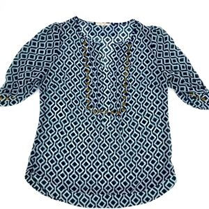 41 HAWTHORN Dark Blue White Graphic V-Neck 3/4 Sleeve Top Semi Sheer SZ L